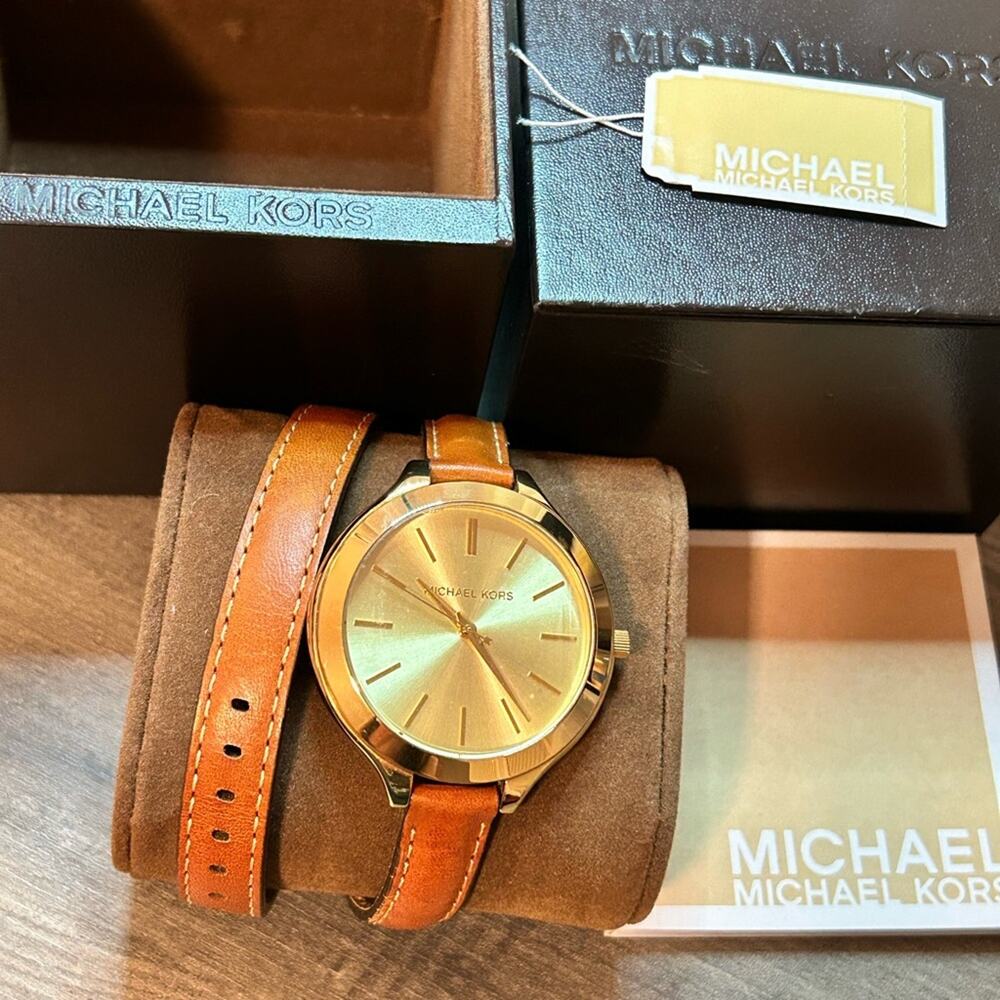 Michael Kors Women’s Double Wrap Watch New in Box!!  Gold face tan leather band